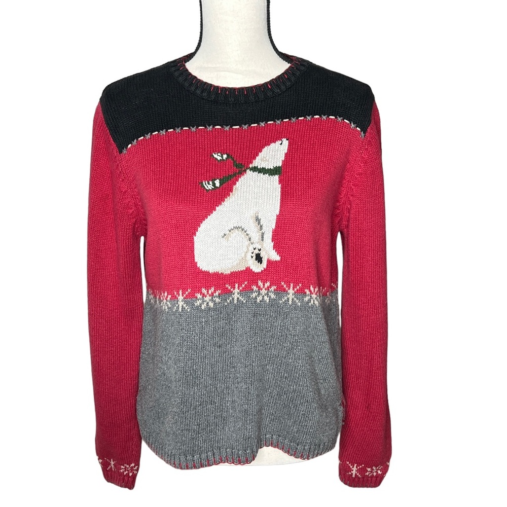 Woolrich Red Gray Polar Bear Crew Neck Long Sleeves Holiday Sweater Size M VTG